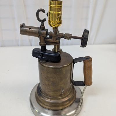 Vintage Brass Blow Torch Tool w/ Wood Handle Lamp