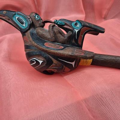 Sale Photo Thumbnail #369: from the Northwest Coast , hand crafted and painted 
Hand held rattle 
Excellent condition 
Retails at $250