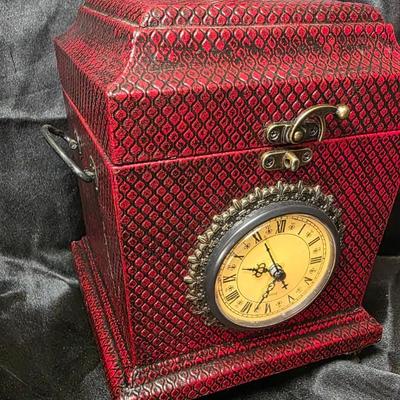 Home Interiors Vintage Red Clock Box – Faux Snakeskin Finish Decorative Storage Chest with Quartz Clock
