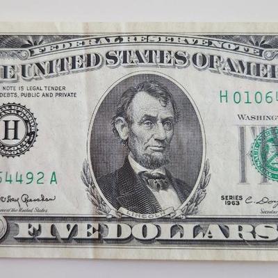 One $5 Federal Reserve Note - Lot D