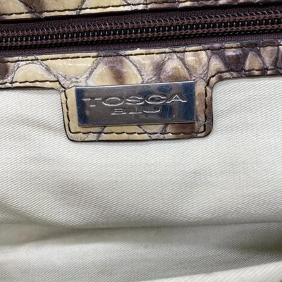 Sale Photo Thumbnail #382: Snake skin embossed leather
Zipper closure, 3 interior pockets, 2 handles 
very good condition
16 inches wide x 9 inches tall