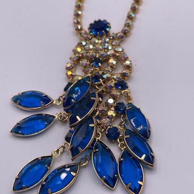 Stunning blue crystals and Aurora borealis necklace and clip ons