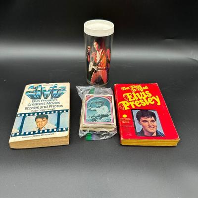 Vintage Elvis Presley Memorabilia Lot – Books, 1970s Trading Cards & Concert Tumbler