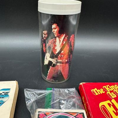 Vintage Elvis Presley Memorabilia Lot – Books, 1970s Trading Cards & Concert Tumbler