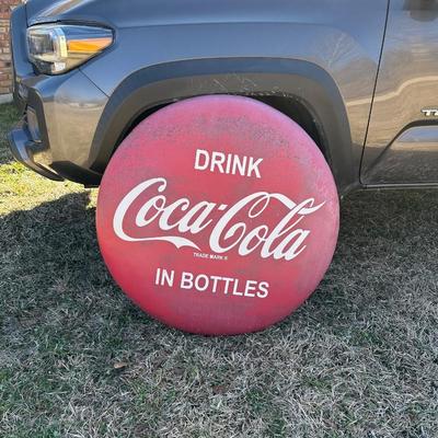 Vintage Coca-Cola Button Sign – “Drink Coca-Cola in Bottles” – Large Metal #2