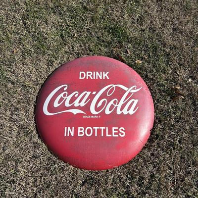 Vintage Coca-Cola Button Sign – “Drink Coca-Cola in Bottles” – Large Metal #2