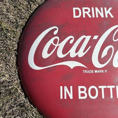 Vintage Coca-Cola Button Sign – “Drink Coca-Cola in Bottles” – Large Metal #2