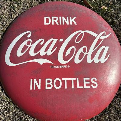 Vintage Coca-Cola Button Sign – “Drink Coca-Cola in Bottles” – Large Metal #2