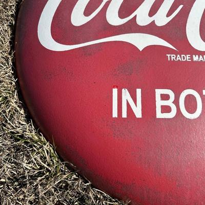 Vintage Coca-Cola Button Sign – “Drink Coca-Cola in Bottles” – Large Metal #2