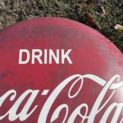 Vintage Coca-Cola Button Sign – “Drink Coca-Cola in Bottles” – Large Metal #2