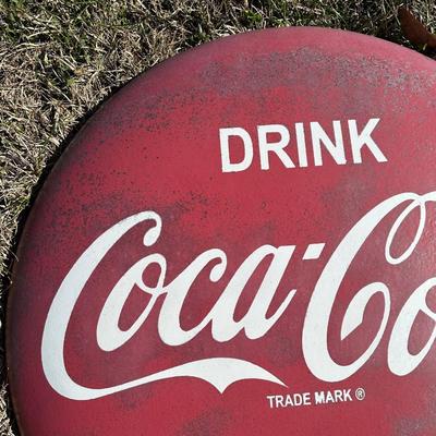 Vintage Coca-Cola Button Sign – “Drink Coca-Cola in Bottles” – Large Metal #2