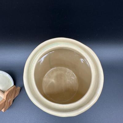 Vintage Stoneware Butter Churn Crock w/ Lid & Wooden Dasher – Blue Banded