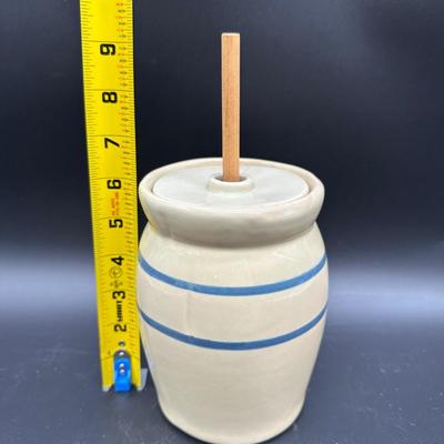 Vintage Stoneware Butter Churn Crock w/ Lid & Wooden Dasher – Blue Banded