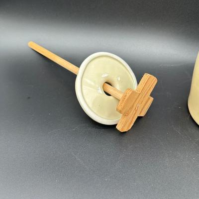 Vintage Stoneware Butter Churn Crock w/ Lid & Wooden Dasher – Blue Banded