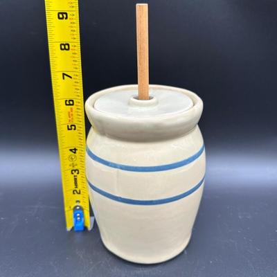Vintage Stoneware Butter Churn Crock w/ Lid & Wooden Dasher – Blue Banded