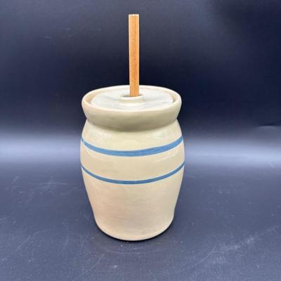Vintage Stoneware Butter Churn Crock w/ Lid & Wooden Dasher – Blue Banded