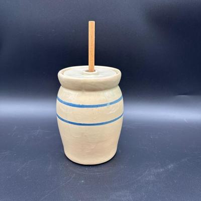 Vintage Stoneware Butter Churn Crock w/ Lid & Wooden Dasher – Blue Banded