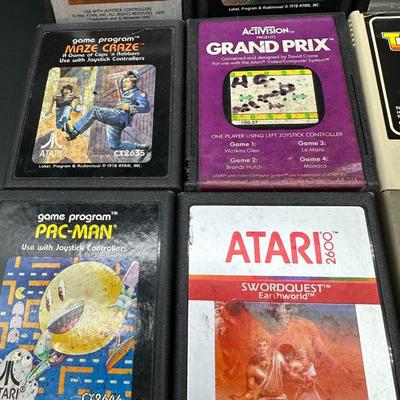 Atari 2600 Game Cartridge Lot w/ Wooden Storage Tray – Pac-Man, E.T., Mario Bros, Asteroids + More