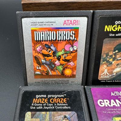 Atari 2600 Game Cartridge Lot w/ Wooden Storage Tray – Pac-Man, E.T., Mario Bros, Asteroids + More