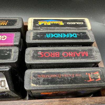 Atari 2600 Game Cartridge Lot w/ Wooden Storage Tray – Pac-Man, E.T., Mario Bros, Asteroids + More