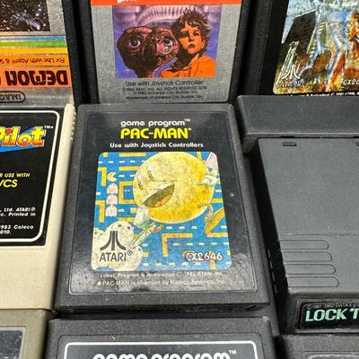 Atari 2600 Game Cartridge Lot w/ Wooden Storage Tray – Pac-Man, E.T., Mario Bros, Asteroids + More