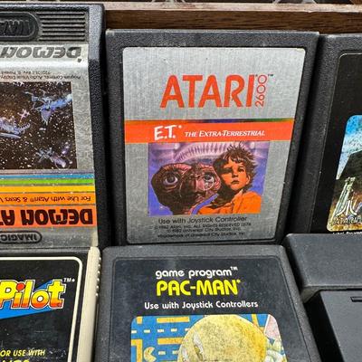 Atari 2600 Game Cartridge Lot w/ Wooden Storage Tray – Pac-Man, E.T., Mario Bros, Asteroids + More