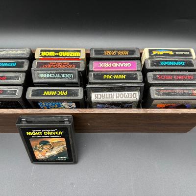 Atari 2600 Game Cartridge Lot w/ Wooden Storage Tray – Pac-Man, E.T., Mario Bros, Asteroids + More