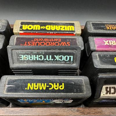Atari 2600 Game Cartridge Lot w/ Wooden Storage Tray – Pac-Man, E.T., Mario Bros, Asteroids + More