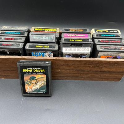 Atari 2600 Game Cartridge Lot w/ Wooden Storage Tray – Pac-Man, E.T., Mario Bros, Asteroids + More