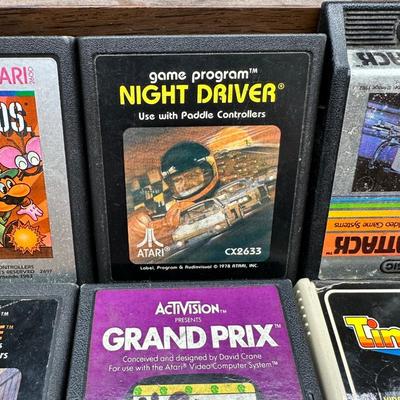 Atari 2600 Game Cartridge Lot w/ Wooden Storage Tray – Pac-Man, E.T., Mario Bros, Asteroids + More