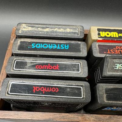 Atari 2600 Game Cartridge Lot w/ Wooden Storage Tray – Pac-Man, E.T., Mario Bros, Asteroids + More