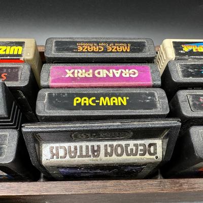 Atari 2600 Game Cartridge Lot w/ Wooden Storage Tray – Pac-Man, E.T., Mario Bros, Asteroids + More
