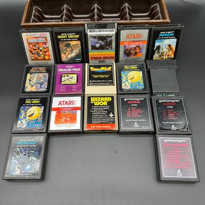 Atari 2600 Game Cartridge Lot w/ Wooden Storage Tray – Pac-Man, E.T., Mario Bros, Asteroids + More