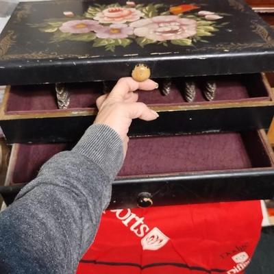 Sale Photo Thumbnail #241: Flatware just for display

Hand painted Large Flatware Box, Ebony Painted with Dutch Floral Design. 
Velvet lined, with Accessories Drawer. 
Wood construction