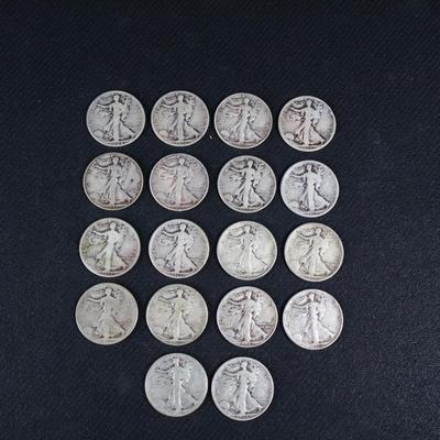 Mixed Walking Liberty Half Dollars, 2 San Fran, 2 Denver, 18 coins, 7.02 Troy Ounces (C1-18)