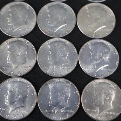 Mixed Kennedy Half Dollars, All 1964, 9.59 Troy ounces (C1-25)