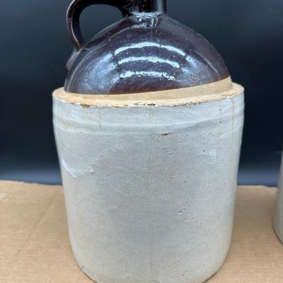 Antique Stoneware Whiskey Jugs – Salt Glaze – Brown Top – Pair