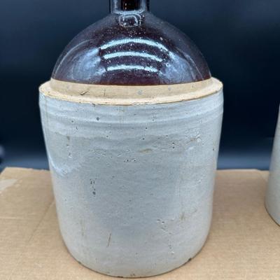 Antique Stoneware Whiskey Jugs – Salt Glaze – Brown Top – Pair