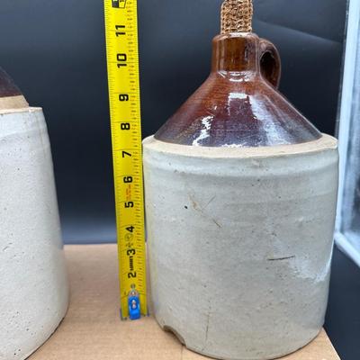 Antique Stoneware Whiskey Jugs – Salt Glaze – Brown Top – Pair