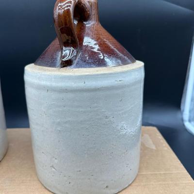 Antique Stoneware Whiskey Jugs – Salt Glaze – Brown Top – Pair