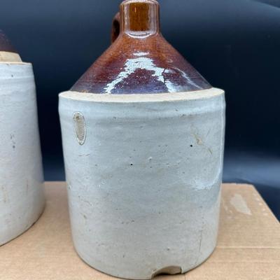 Antique Stoneware Whiskey Jugs – Salt Glaze – Brown Top – Pair