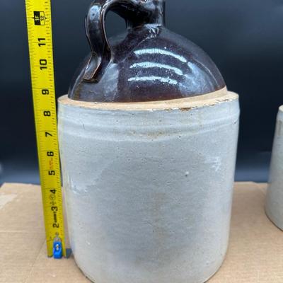 Antique Stoneware Whiskey Jugs – Salt Glaze – Brown Top – Pair