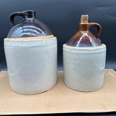 Antique Stoneware Whiskey Jugs – Salt Glaze – Brown Top – Pair