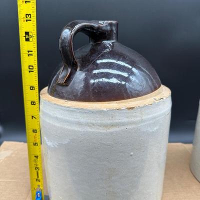 Antique Stoneware Whiskey Jugs – Salt Glaze – Brown Top – Pair