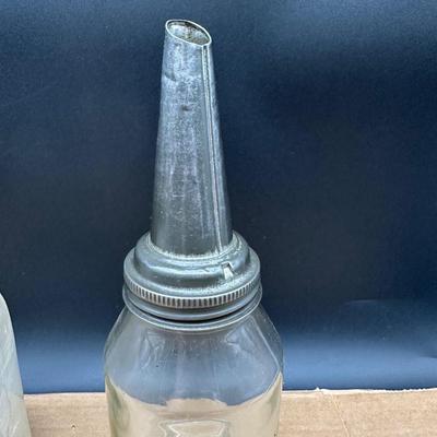 Antique glass oil bottles / oilers with metal spouts
