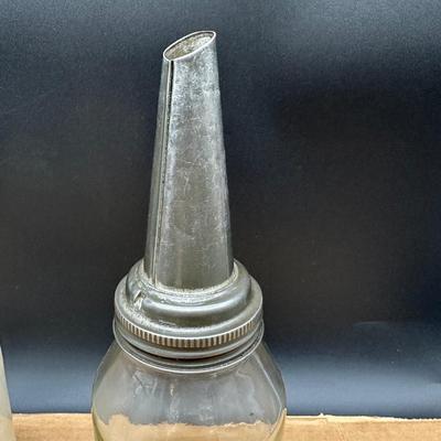 Antique glass oil bottles / oilers with metal spouts