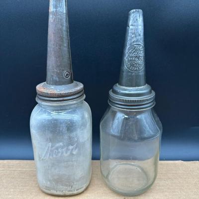 Antique glass oil bottles / oilers with metal spouts