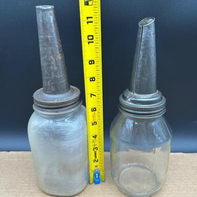 Antique glass oil bottles / oilers with metal spouts
