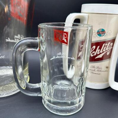 Vintage Schlitz Beer Barware Lot – Pitcher, Glass Mug, Tumblers & Plastic Steins