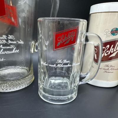 Vintage Schlitz Beer Barware Lot – Pitcher, Glass Mug, Tumblers & Plastic Steins